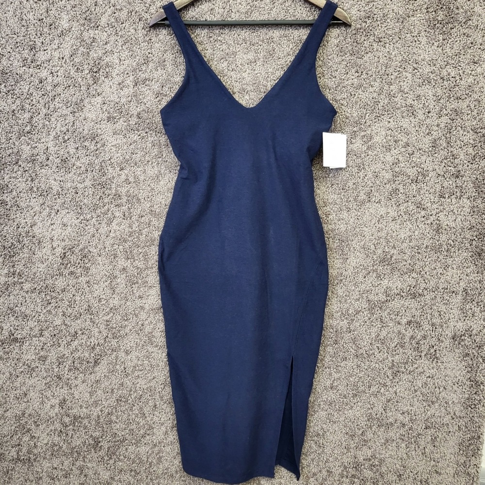 Beyond Yoga Women's Spacedye Move It Midi Dress Navy Blue Side Slit Medium NWT